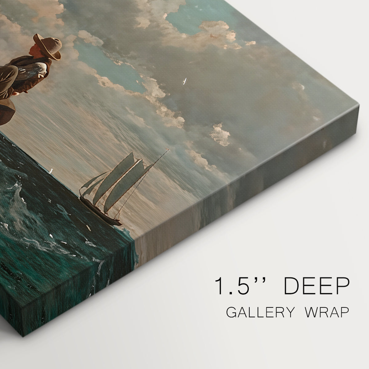 Canvas art print of a small sailboat with boys aboard leaning into wind on open water, highlighting texture and gallery-wrapped edges
