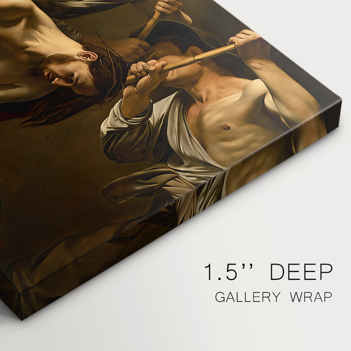 Canvas art print of Christ surrounded by men pressing crown of thorns onto his head, highlighting texture and gallery-wrapped edges