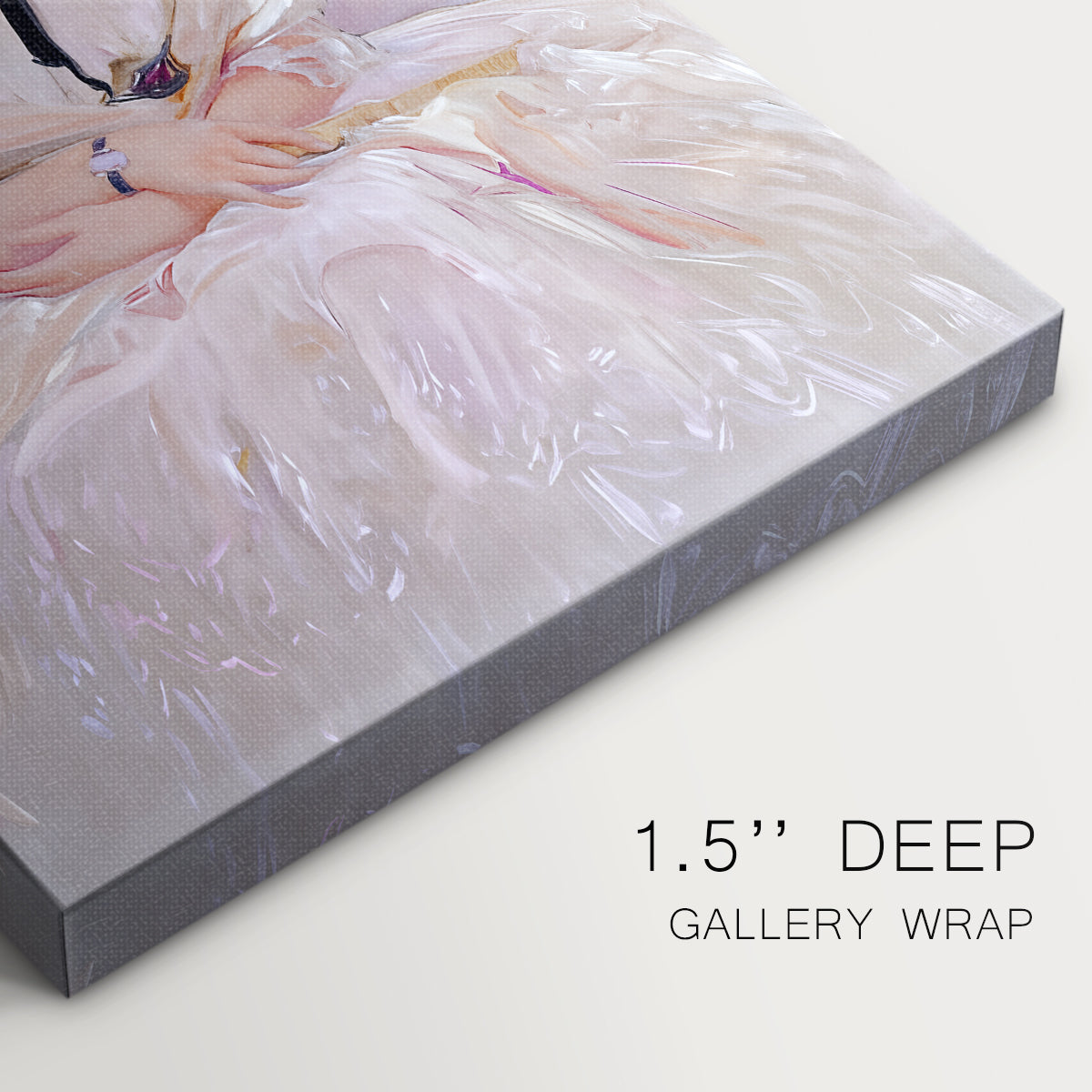 Close-up of a gallery-wrapped canvas corner showing a composed figure with warm color and soft contrast, highlighting texture and print detail.