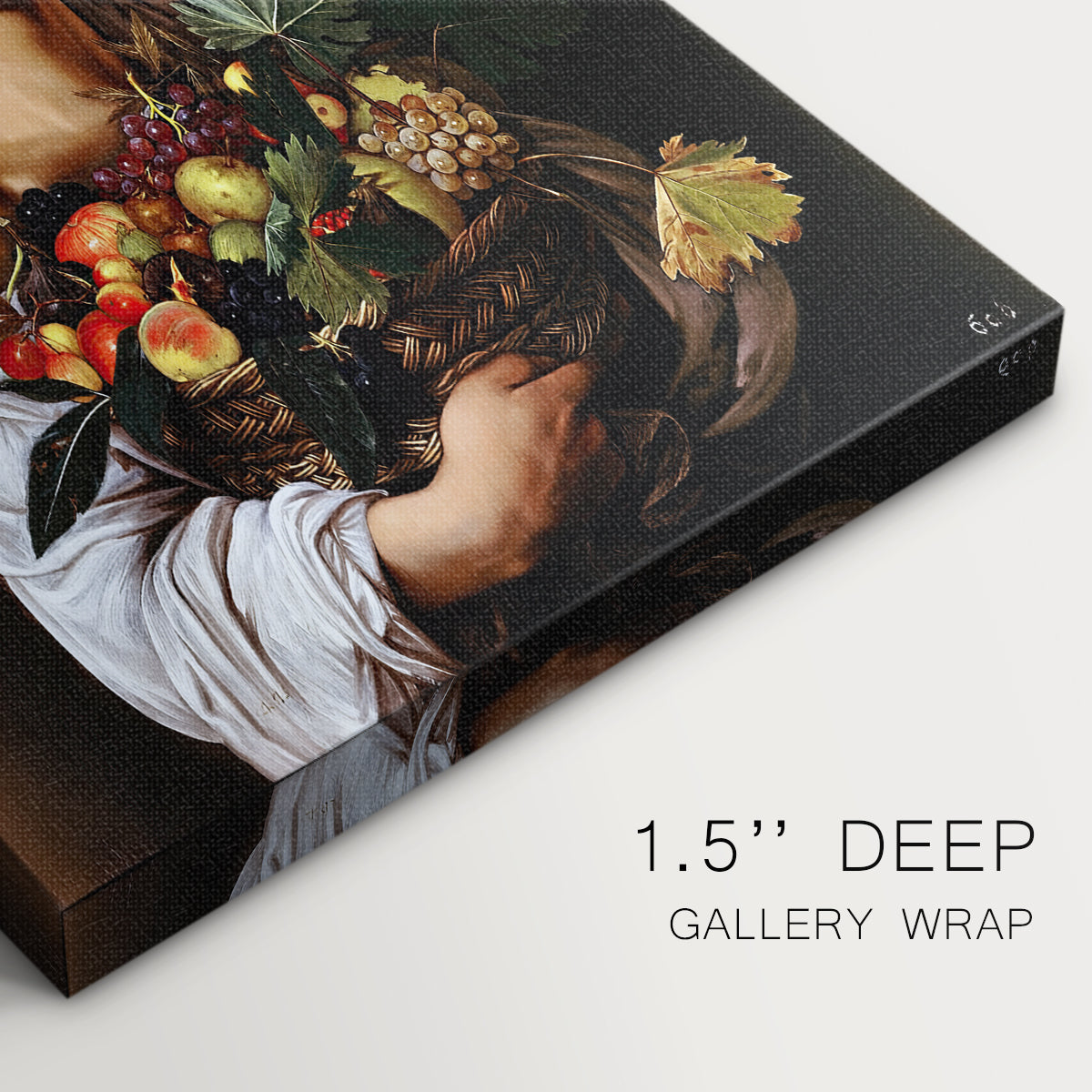 Close-up of a gallery-wrapped canvas corner showing a realistic figure study with soft shadows and detail, highlighting texture and print detail.