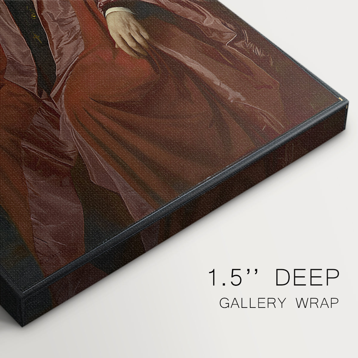 Close-up of a gallery-wrapped canvas corner showing a traditional figure study with minimal detail and shadow, highlighting texture and print detail.
