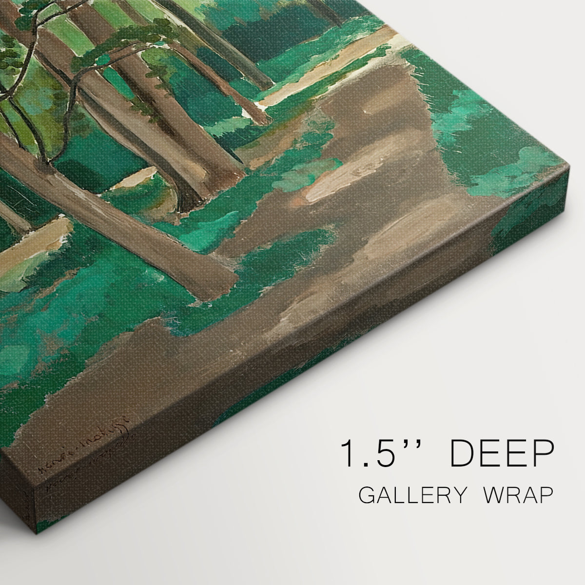 Close-up of a gallery-wrapped canvas corner showing a decorative nature view with flat perspective and bright palette, highlighting texture and print detail.