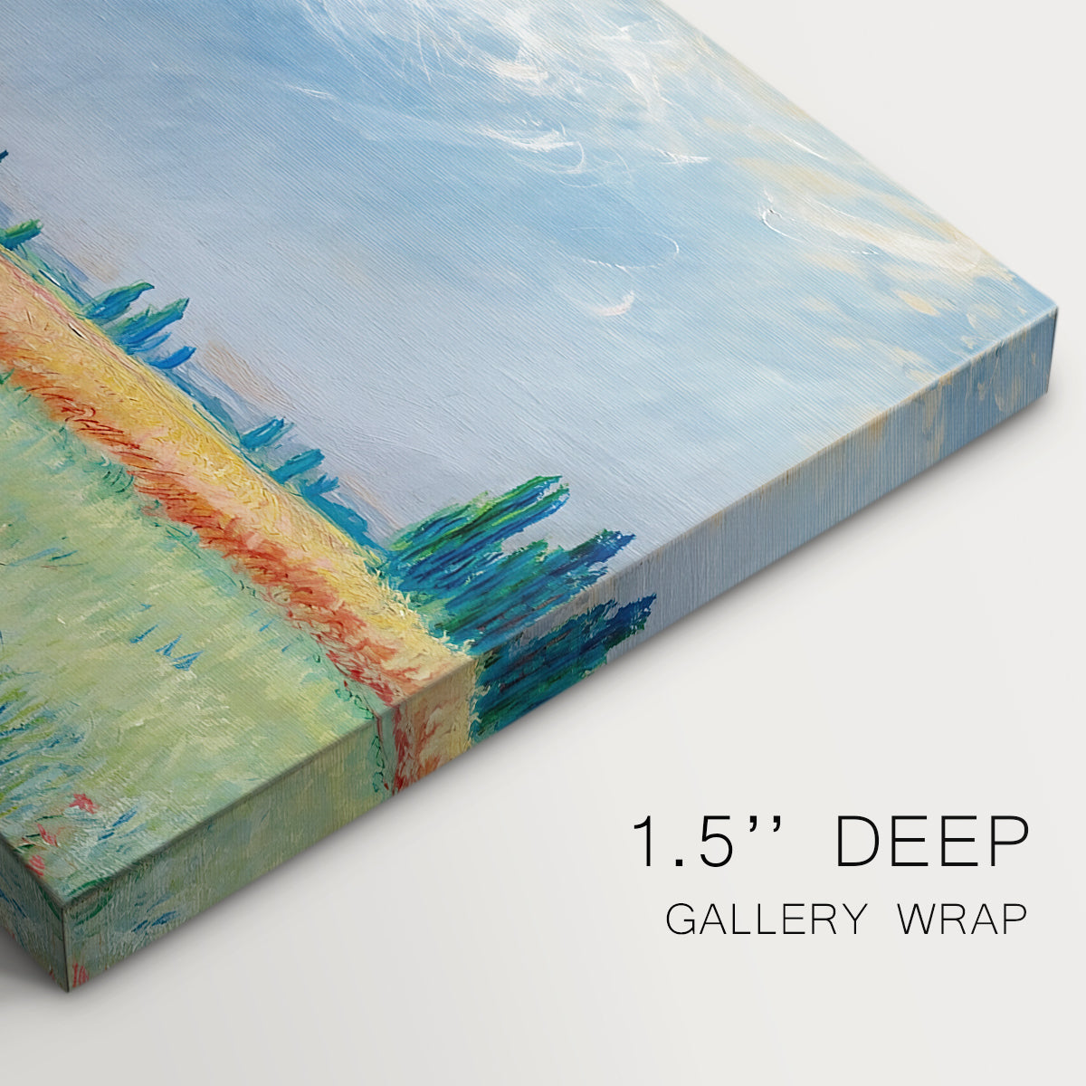Canvas art print of a golden wheat field stretching across landscape under soft sky, highlighting texture and gallery-wrapped edges