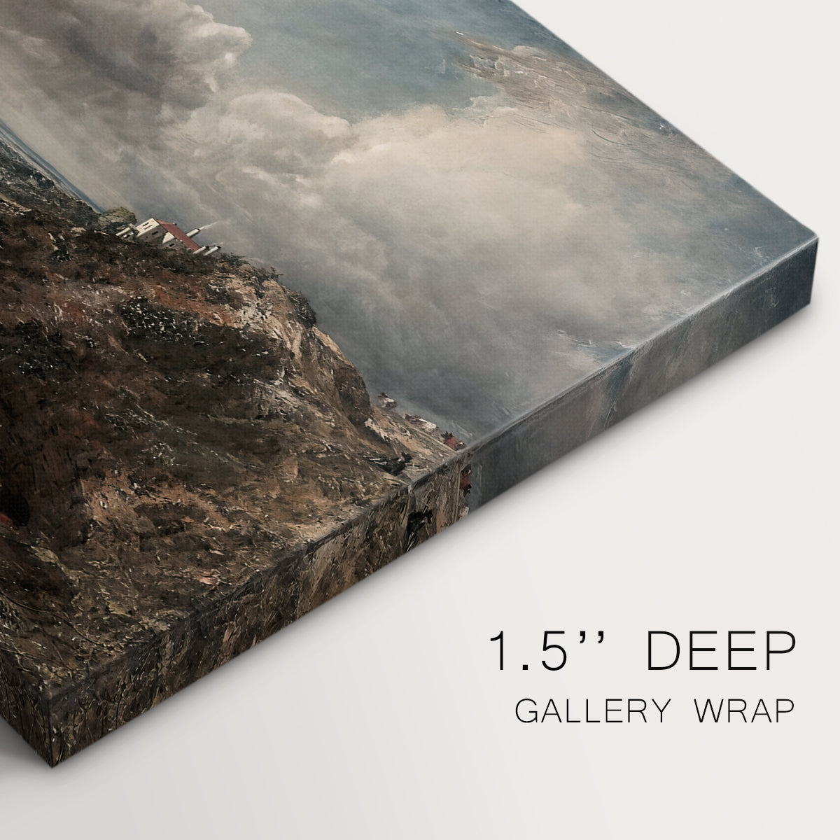 Canvas art print of a pond surrounded by trees under open sky, highlighting texture and gallery-wrapped edges