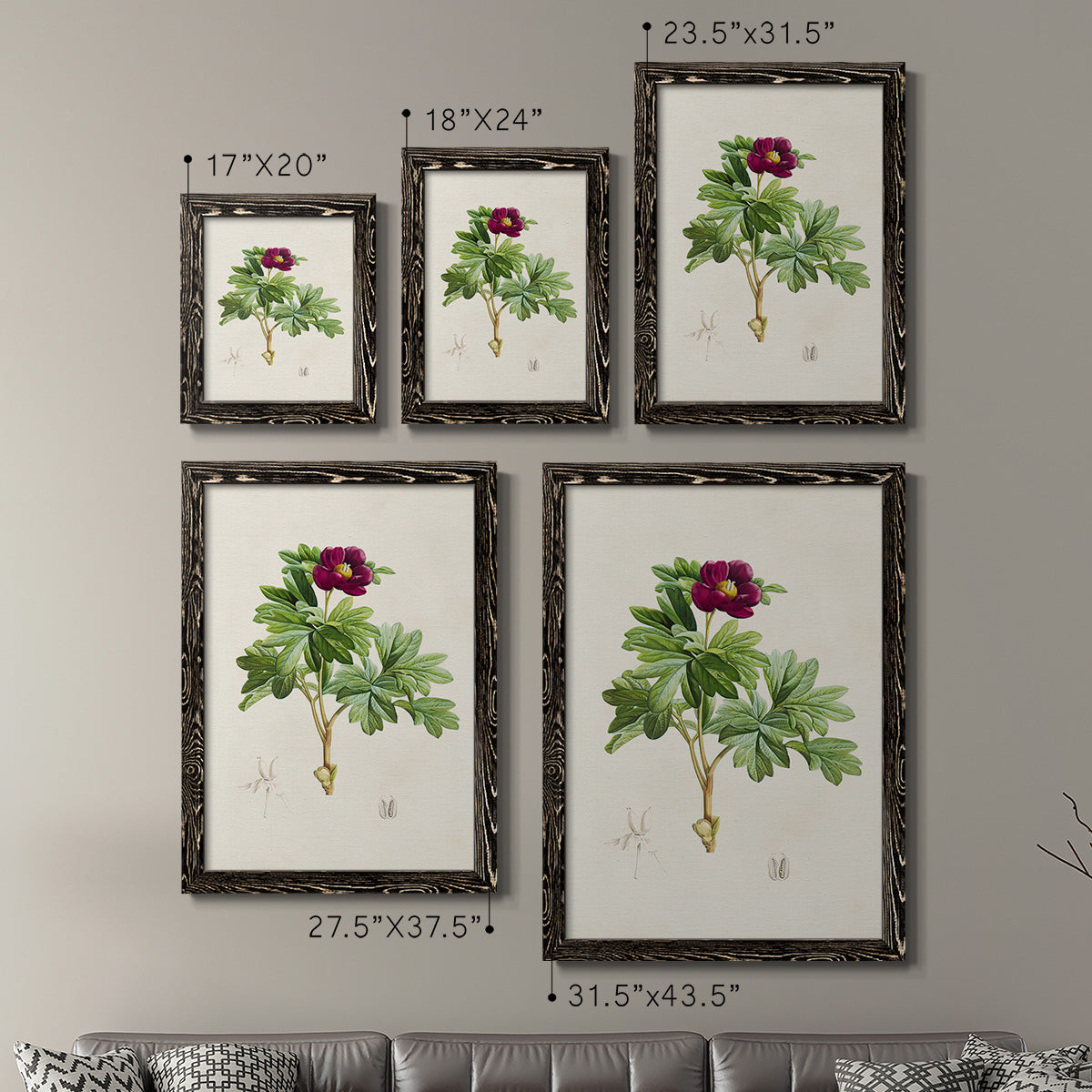 Size comparison chart for a set of two black barnwood framed canvas prints.