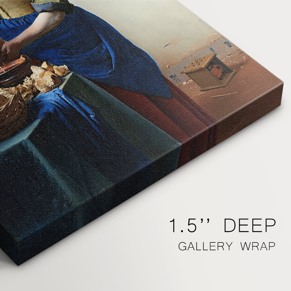 Close-up of a gallery-wrapped canvas corner showing a calm interior with soft shadows and detailed textures, highlighting texture and print detail.