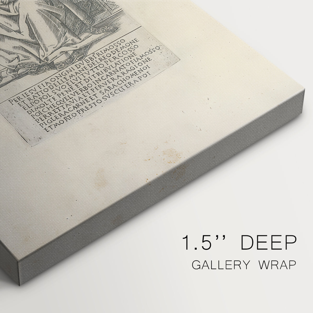 Close-up of a gallery-wrapped canvas corner showing a refined image with figure and subtle text elements, highlighting texture and print detail.