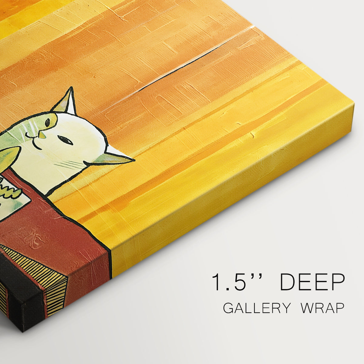 Canvas art print of a stylized figure facing cat across table in exaggerated scene, highlighting texture and gallery-wrapped edges