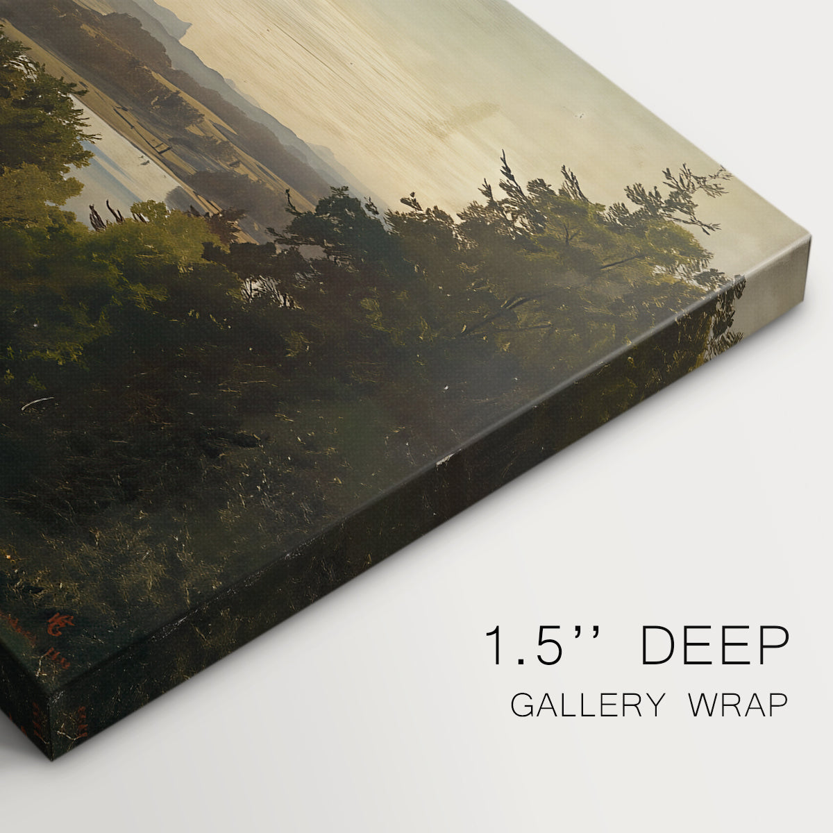 Canvas art print of a lake surrounded by hills with reflective water and open sky, highlighting texture and gallery-wrapped edges