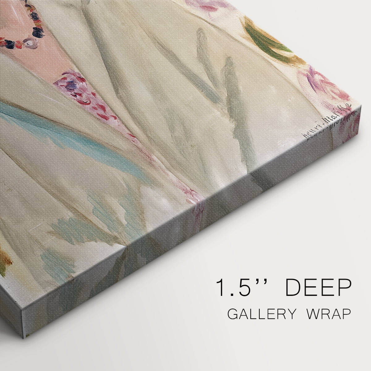 Close-up of a gallery-wrapped canvas corner showing a calm composition with a figure and subtle detail, highlighting texture and print detail.