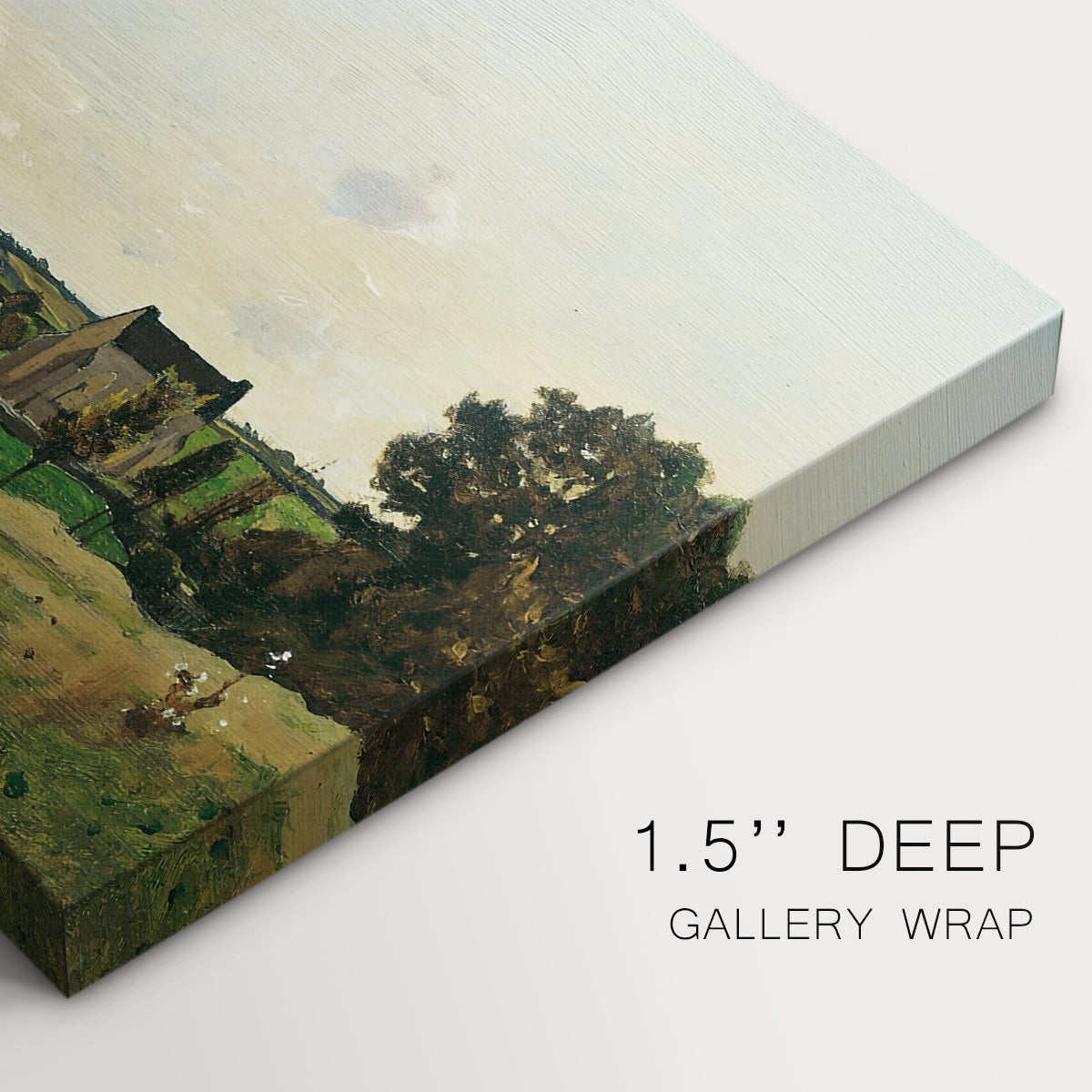 Canvas art print of an estate building surrounded by trees and open pastoral landscape, highlighting texture and gallery-wrapped edges