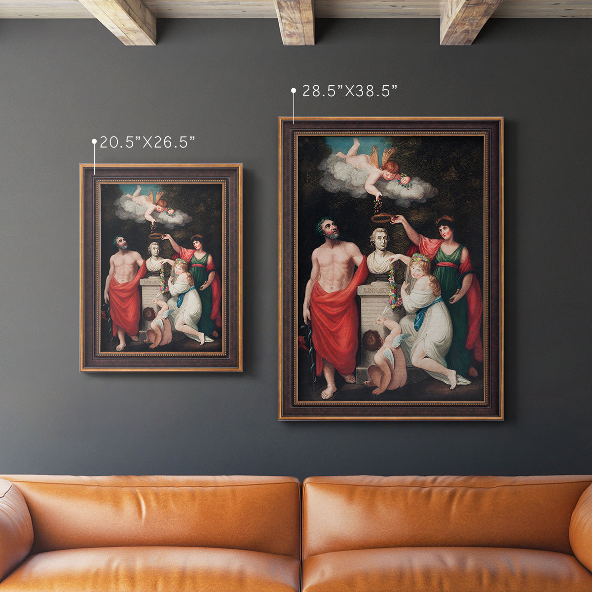 Classical allegorical painting honoring Linnaeus by Robert John Thornton in an ornate bronzed mahogany wood frame shown in multiple vertical size options.