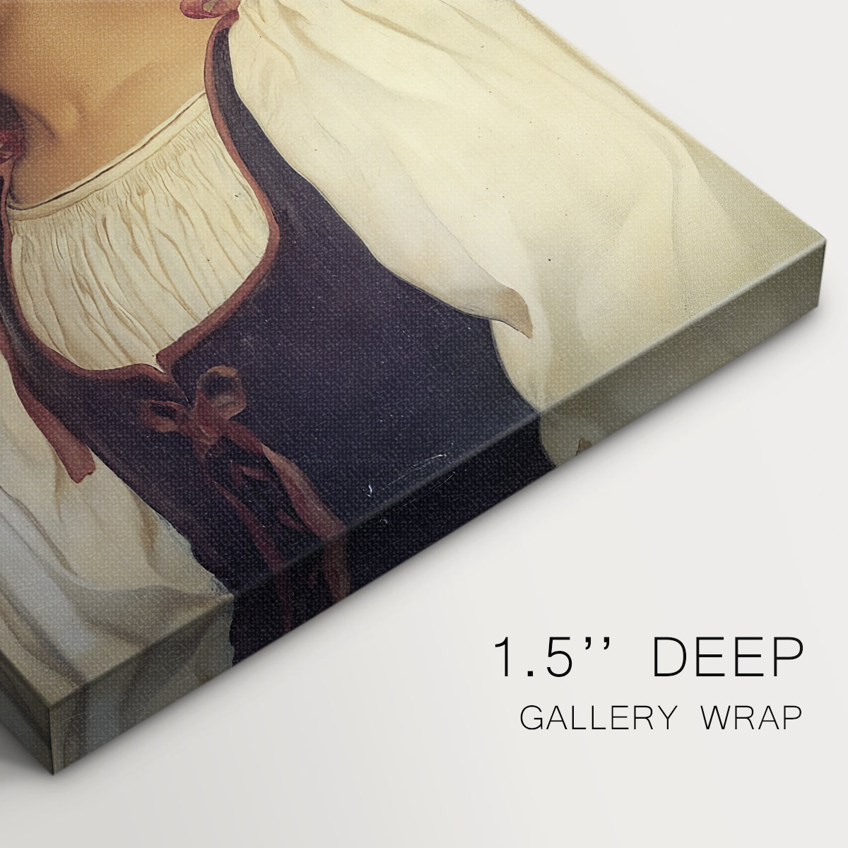 Close-up of a gallery-wrapped canvas corner showing a delicate portrait with soft natural light, highlighting texture and print detail.