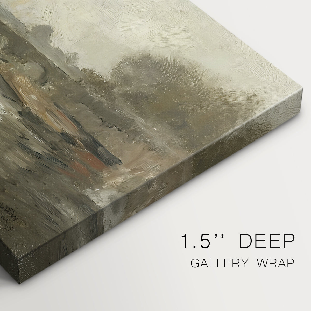 Canvas art print of a hazy bridge over water in a muted atmospheric landscape, highlighting texture and gallery-wrapped edges