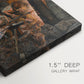 Close-up of a gallery-wrapped canvas corner showing a dynamic scene of workers forging metal in a dark atmospheric setting, highlighting texture and print detail.