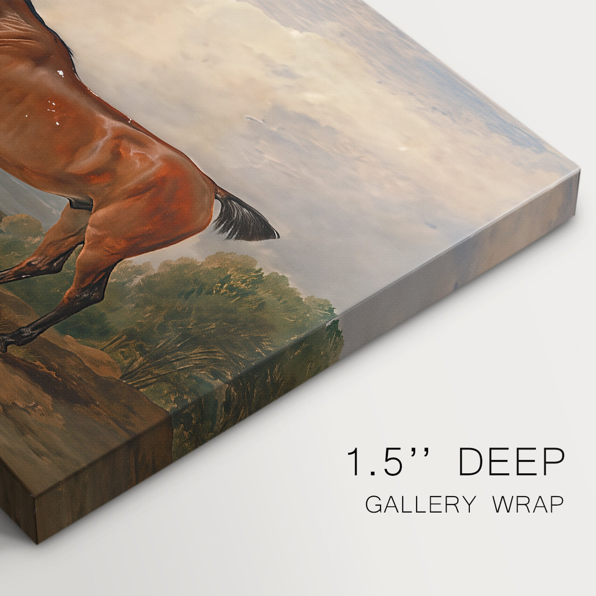Canvas art print of a mounted hunter with dog in open rural landscape, highlighting texture and gallery-wrapped edges