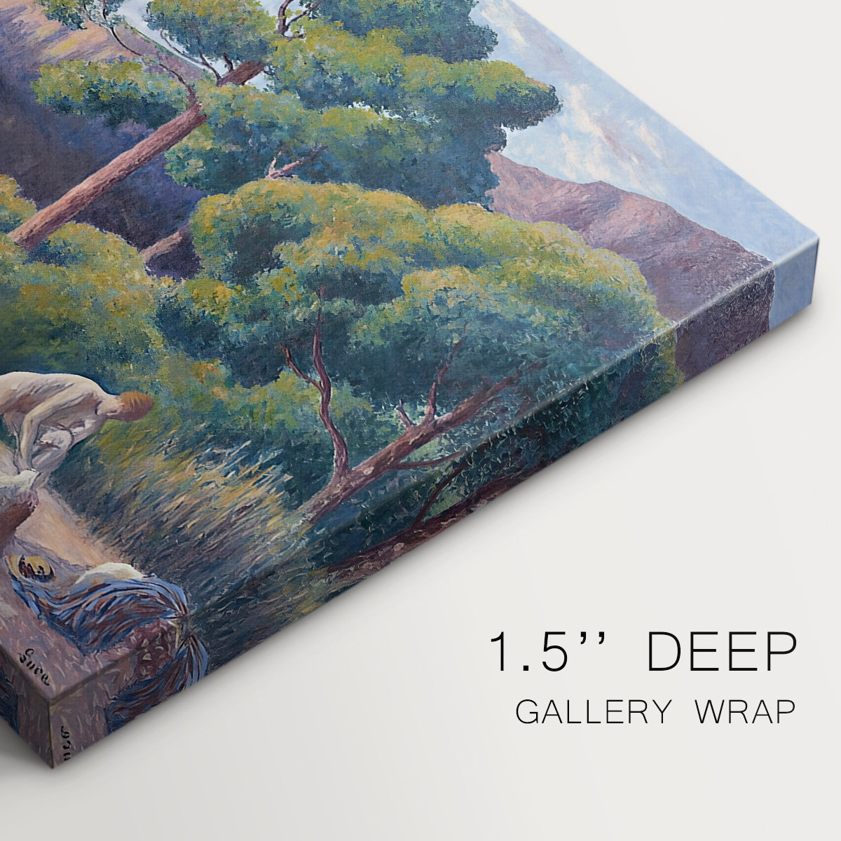 Canvas art print of figures bathing along shoreline in bright coastal landscape, highlighting texture and gallery-wrapped edges