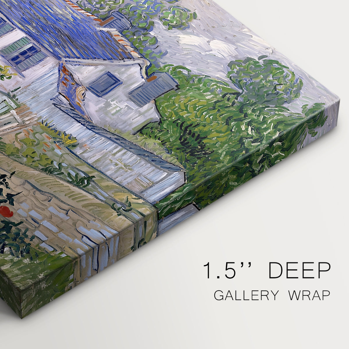 Canvas art print of village houses clustered along road with surrounding greenery under open sky, highlighting texture and gallery-wrapped edges