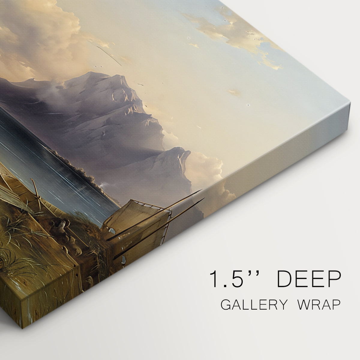 Canvas art print of shepherds tending cattle near lake with mountains, highlighting texture and gallery-wrapped edges