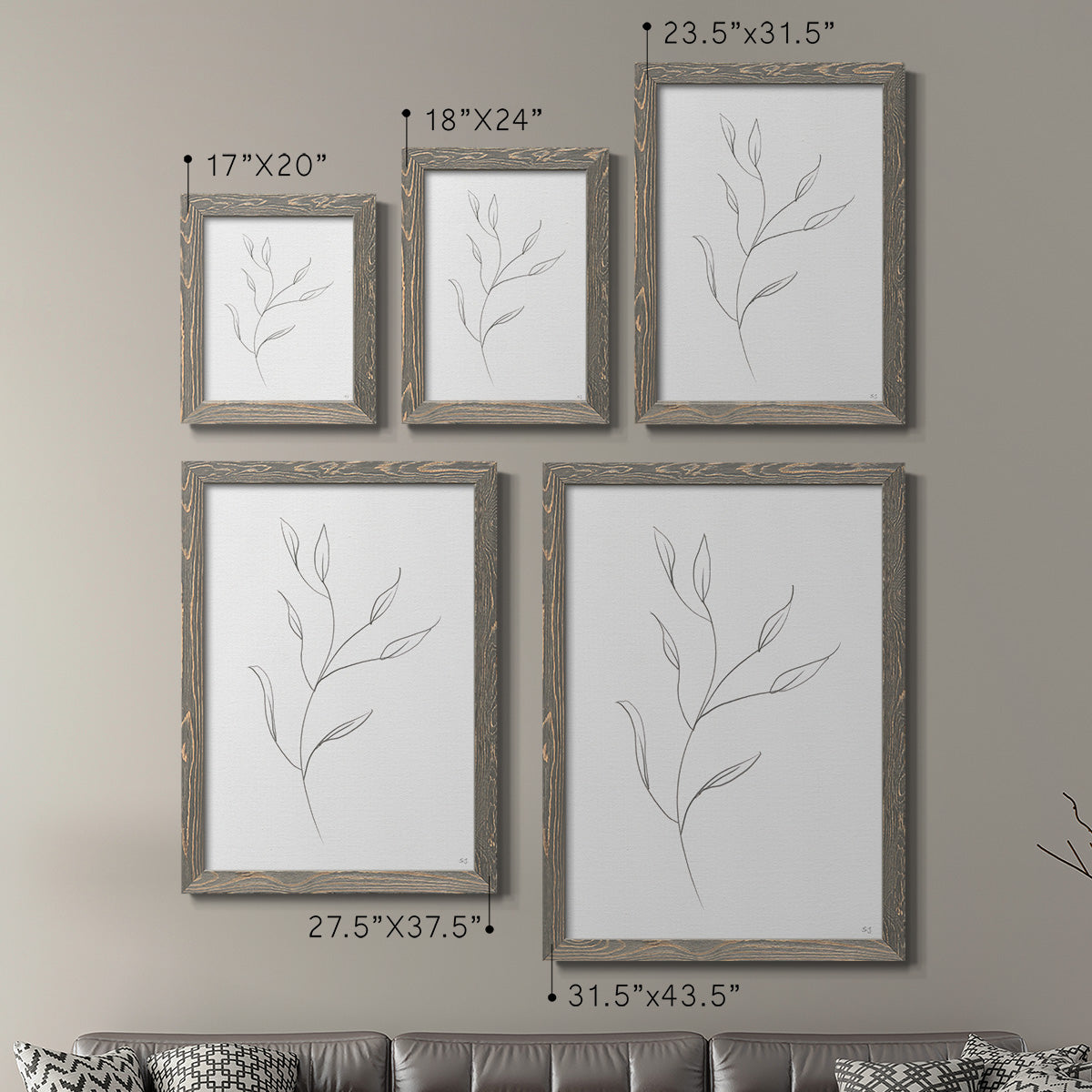 Size comparison chart for a set of two gray barnwood framed canvas prints.