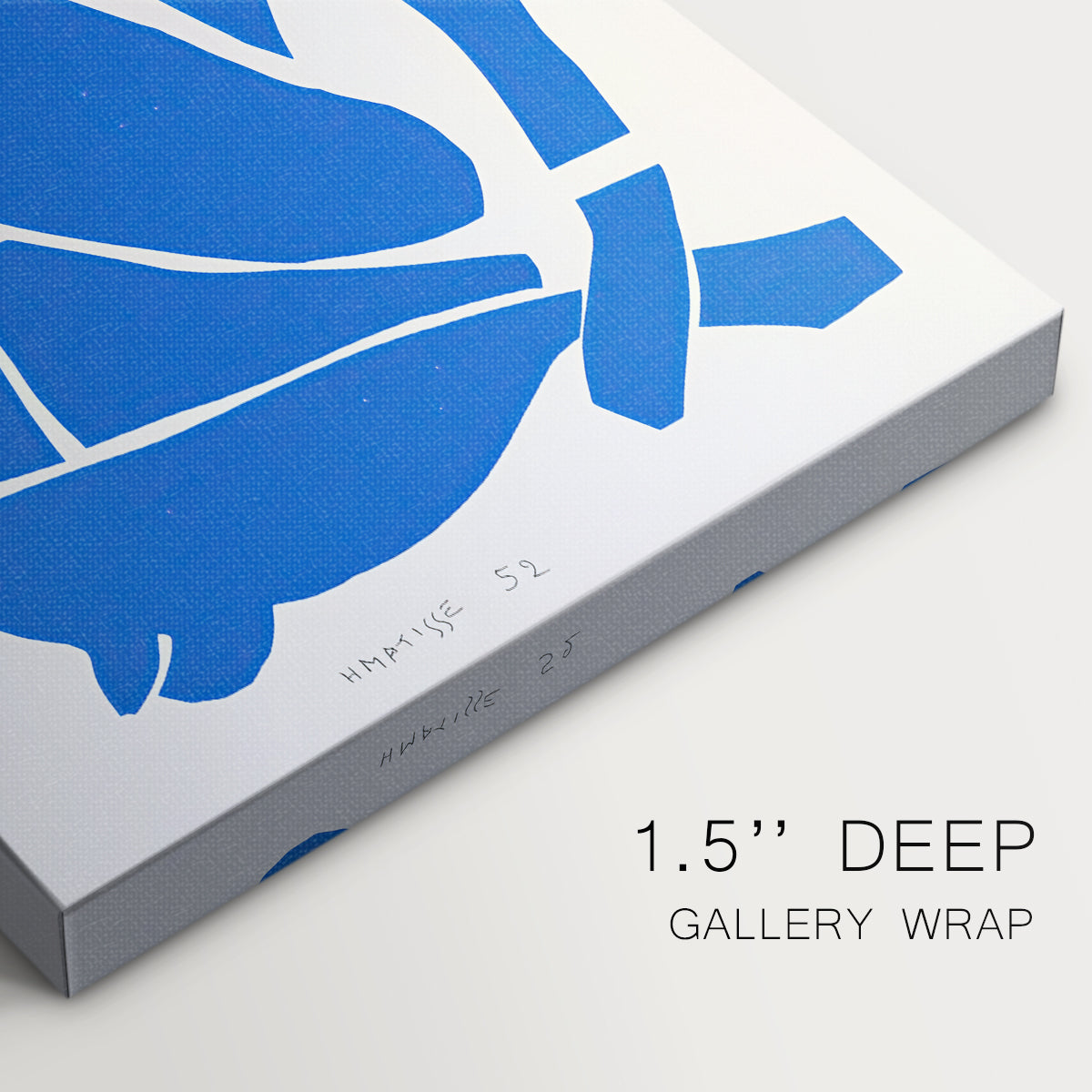 Close-up of a gallery-wrapped canvas corner showing a striking abstract body with deep blue tones, highlighting texture and print detail.