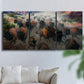 Three-panel canvas wall art featuring stormy canyon landscape with animals, displayed in a living room above a sofa.