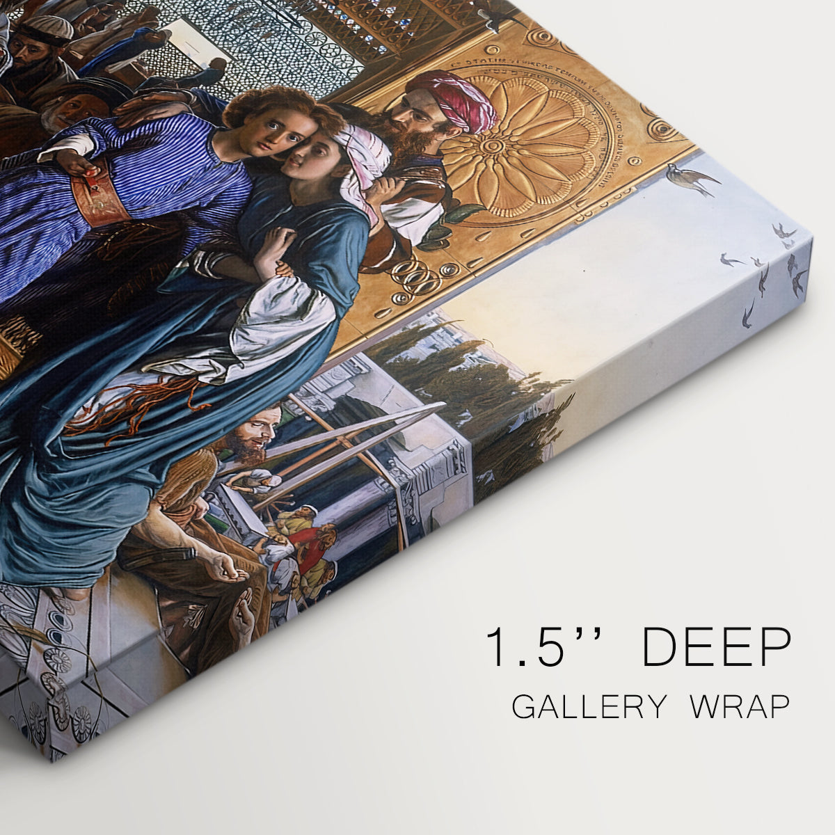 Canvas art print of a large group gathered in temple interior around central young figure, highlighting texture and gallery-wrapped edges