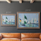 Coastal harbor watercolor painting in an ornate traditional silver frame shown in multiple size options.