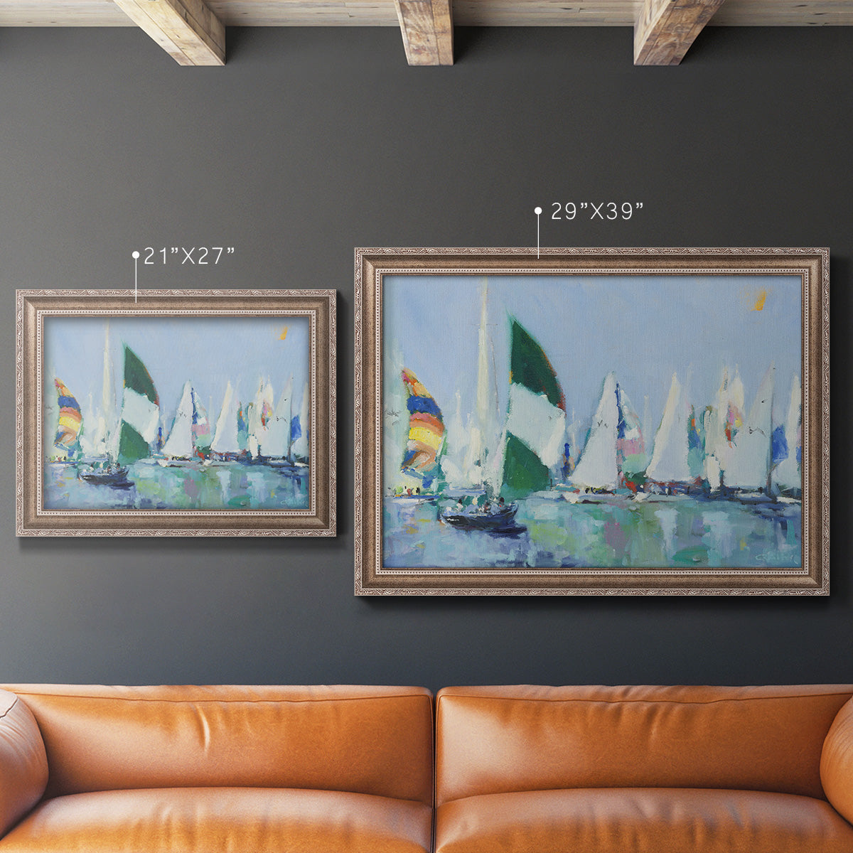 Coastal harbor watercolor painting in an ornate traditional silver frame shown in multiple size options.
