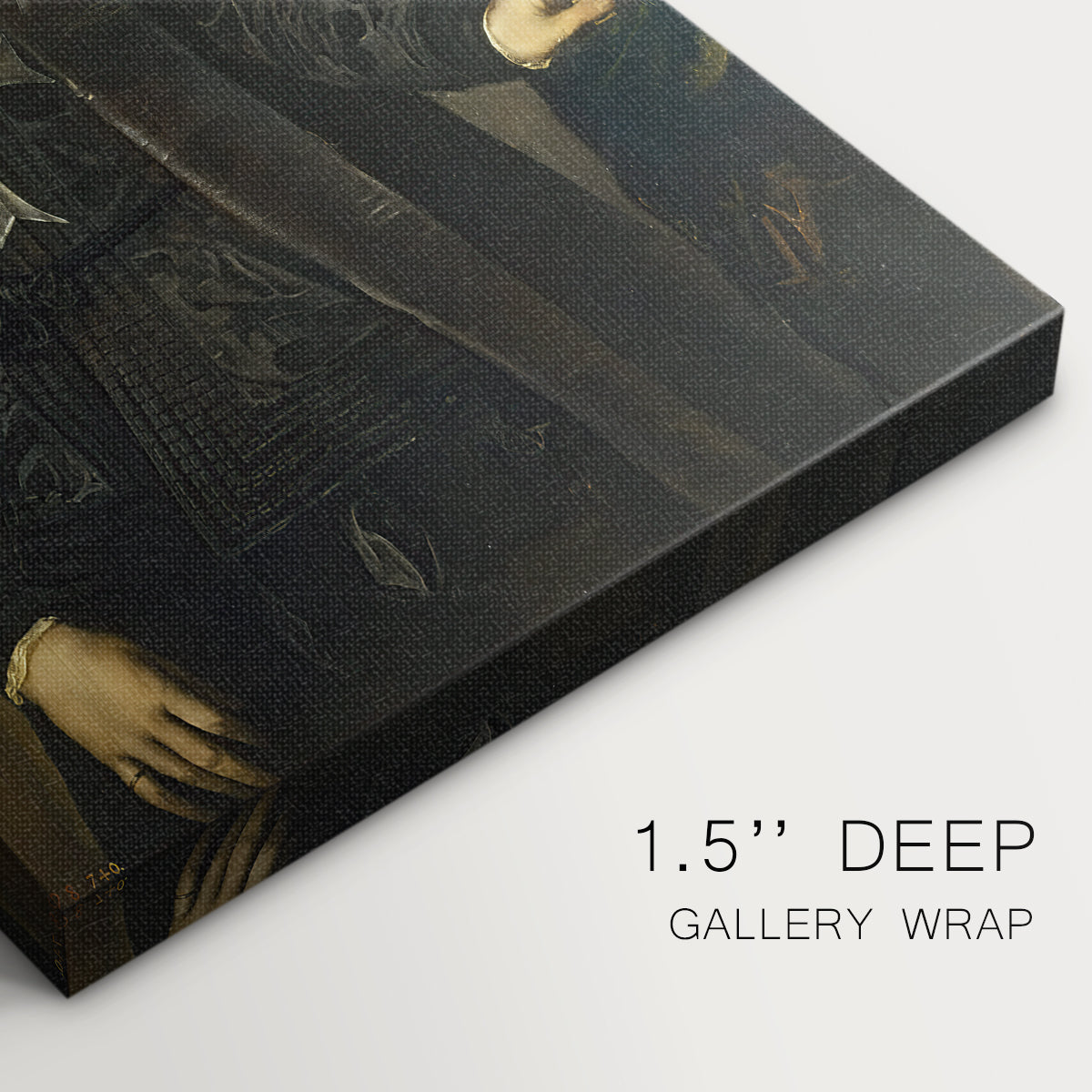Close-up of a gallery-wrapped canvas corner showing a dignified image with warm tones and texture, highlighting texture and print detail.