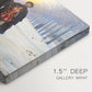 Canvas art print of figures walking through snowy street in quiet winter village scene, highlighting texture and gallery-wrapped edges