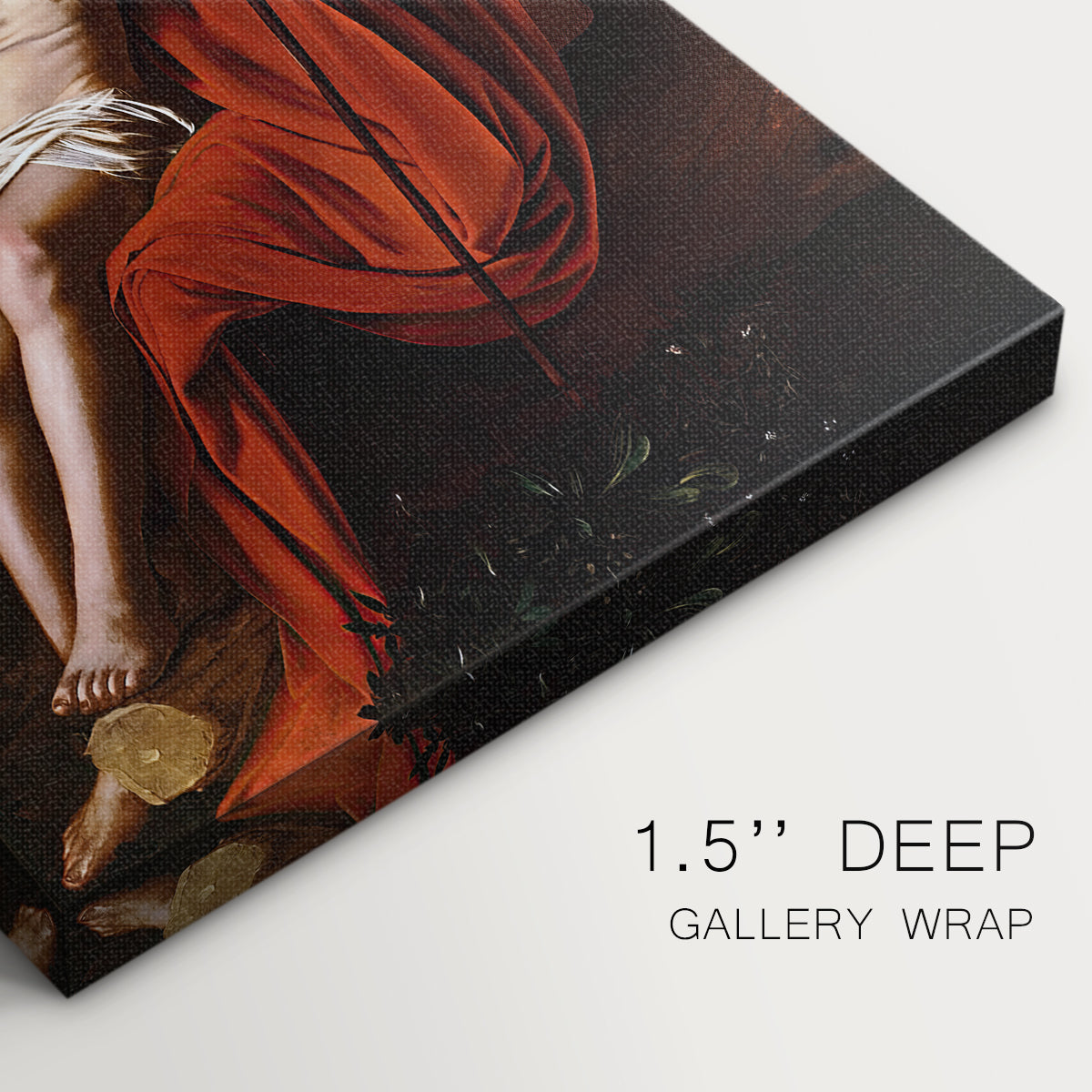 Close-up of a gallery-wrapped canvas corner showing a contemplative portrait with strong contrast and earthy tones, highlighting texture and print detail.