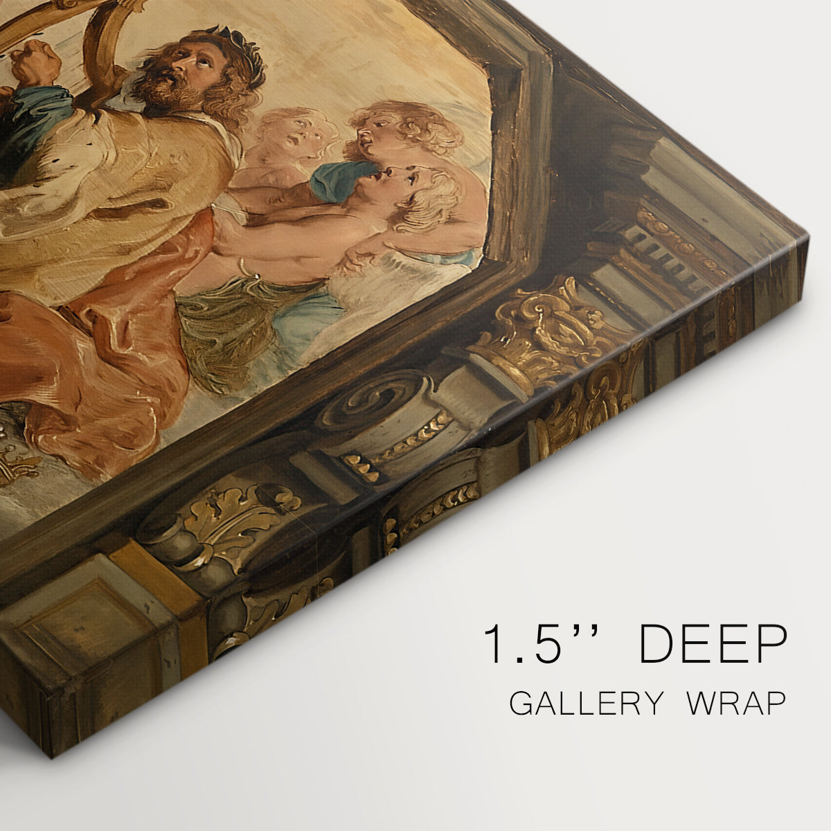 Canvas art print of a seated figure playing harp with attendants, highlighting texture and gallery-wrapped edges