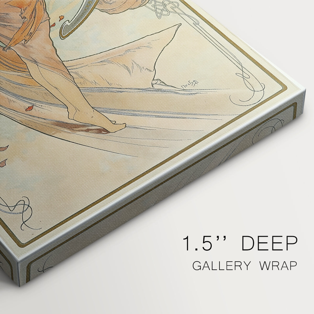 Close-up of a gallery-wrapped canvas corner showing a vintage illustration symbolizing dance with elegant curves, highlighting texture and print detail.
