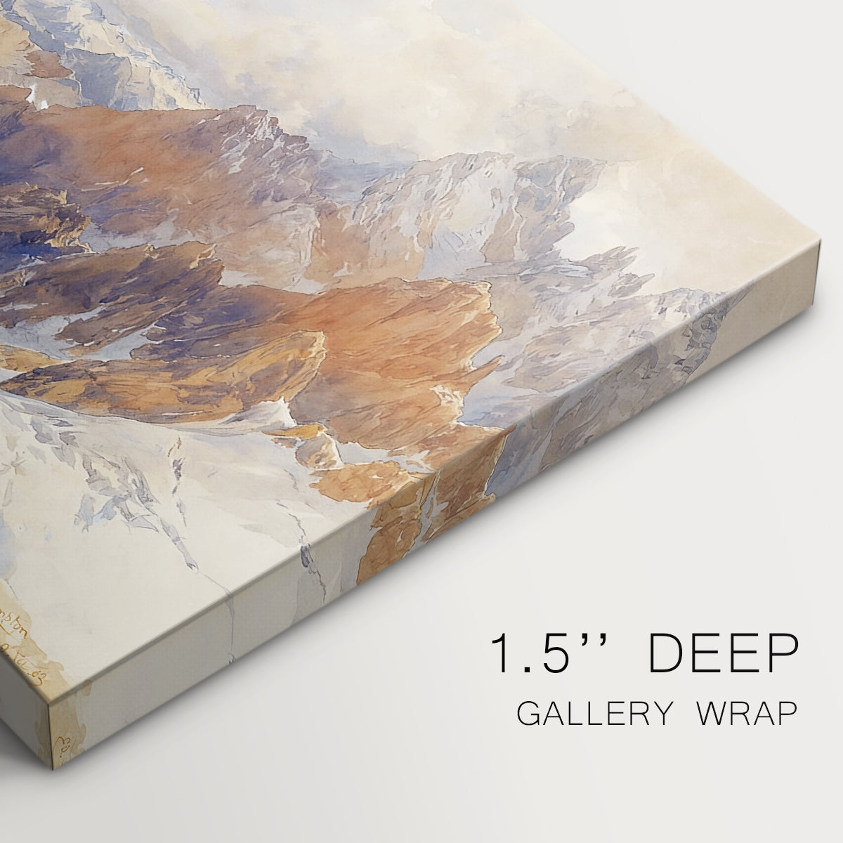 Canvas art print of a mountain pass with snow-covered peaks and expansive alpine valley, highlighting texture and gallery-wrapped edges