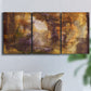 Three-panel canvas wall art featuring abstract architectural landscape, displayed in a living room above a sofa.