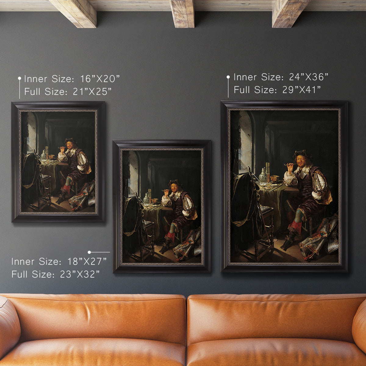 Classical portrait of a soldier smoking a pipe by Frans van Mieris the Elder in an ornate black frame with gilded inner detail shown in multiple vertical size options.