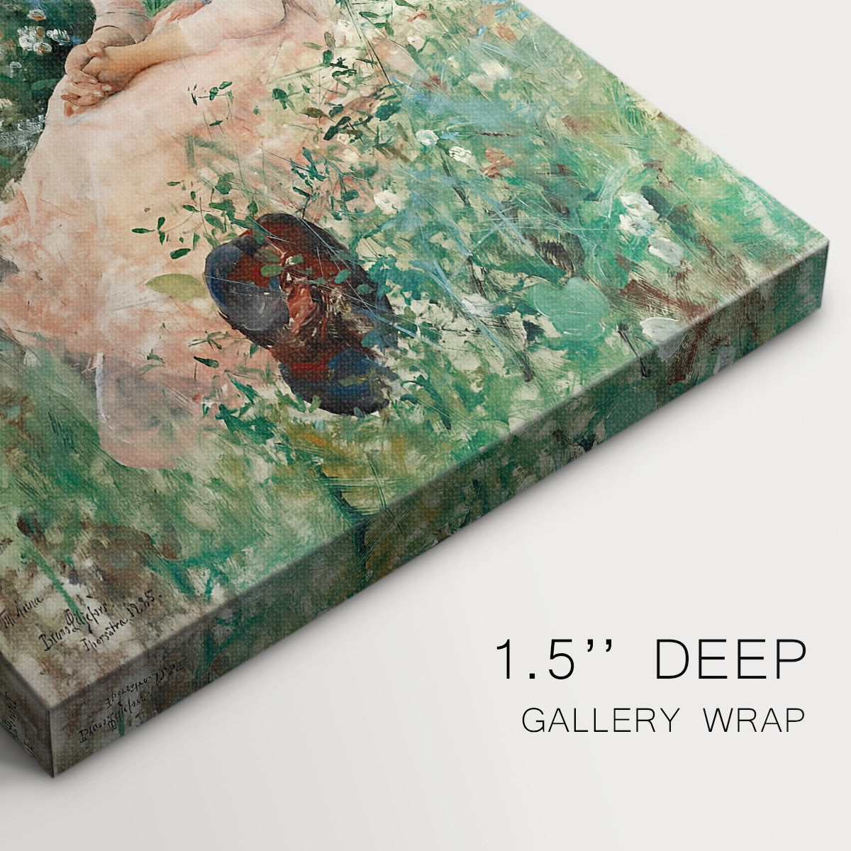Close-up of a gallery-wrapped canvas corner showing a soft composition with a seated figure in a landscape, highlighting texture and print detail.