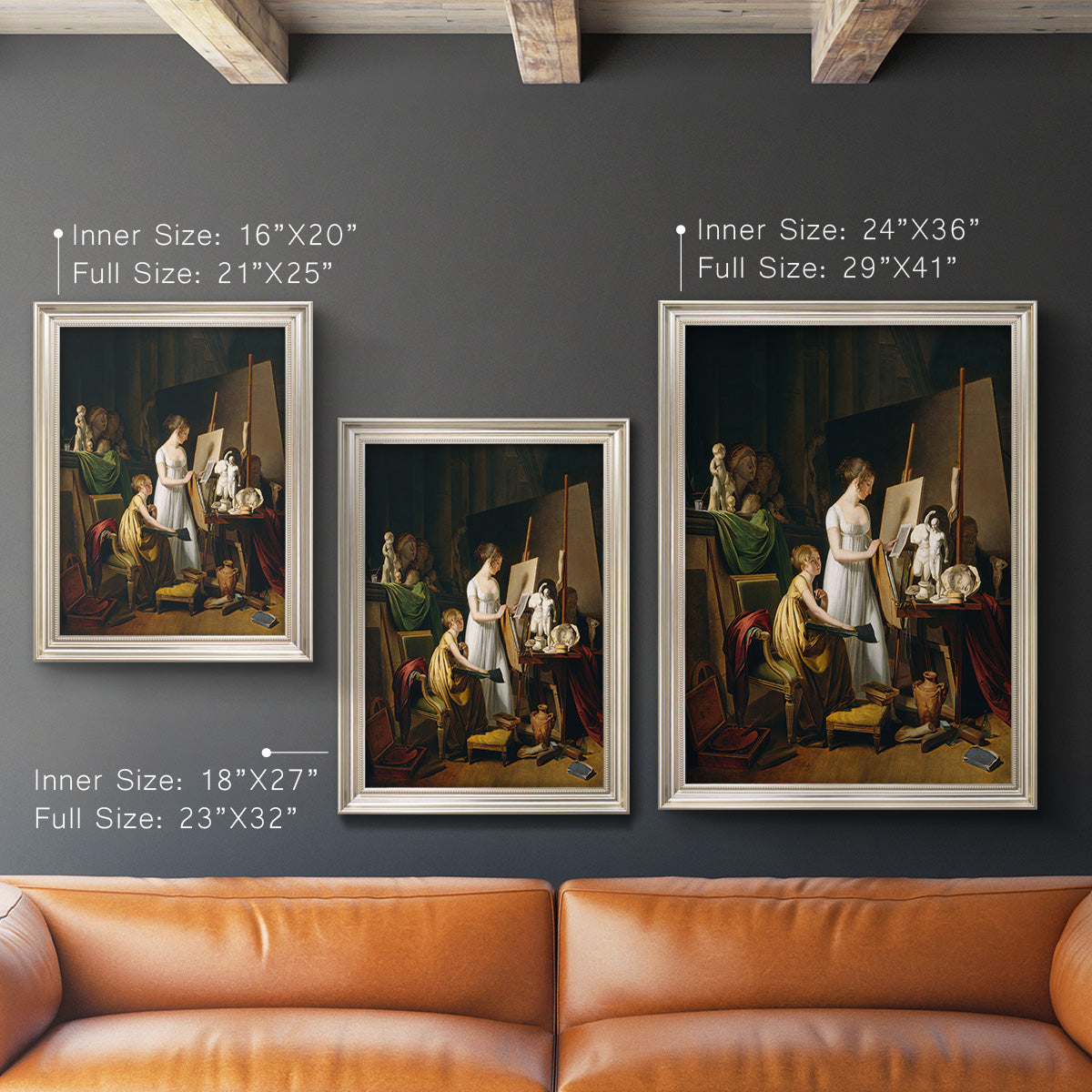 Classical interior painting of an artist at work by Louis-Leopold Boilly in an ornate champagne frame shown in multiple vertical size options.