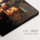 Canvas art print of the Holy Family resting in landscape with angel playing violin, highlighting texture and gallery-wrapped edges
