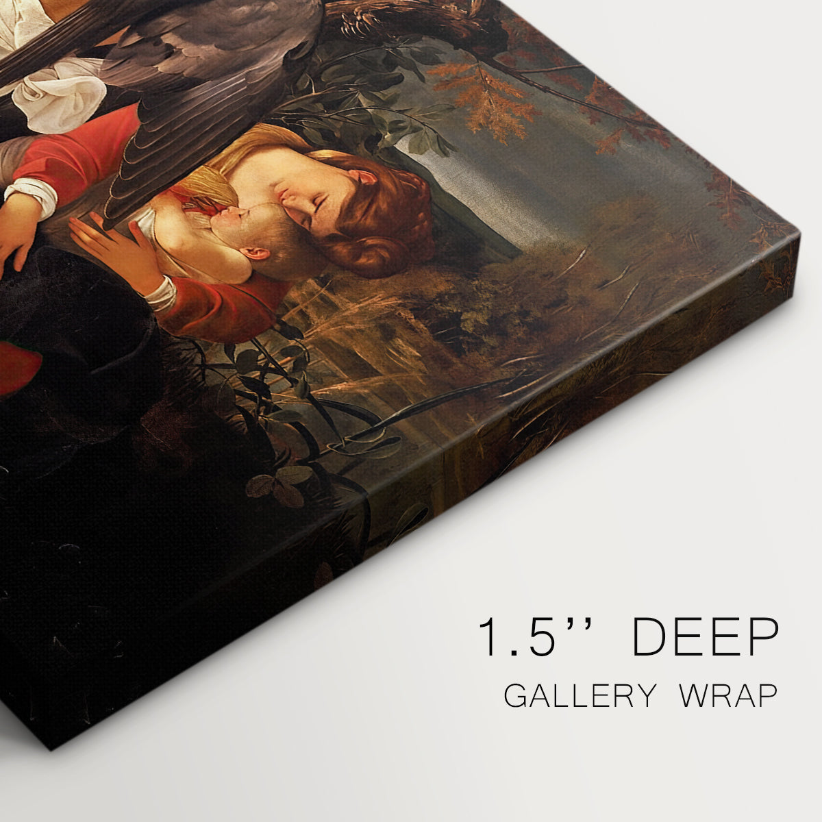 Canvas art print of the Holy Family resting in landscape with angel playing violin, highlighting texture and gallery-wrapped edges
