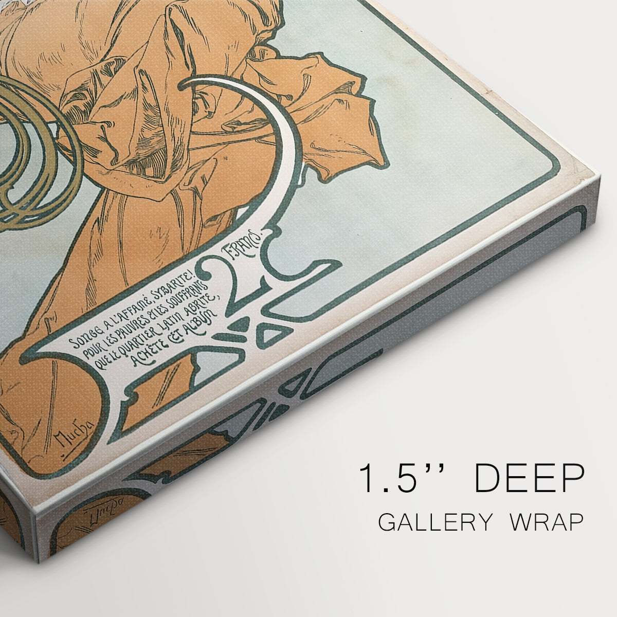 Close-up of a gallery-wrapped canvas corner showing a classic print combining portrait and branding elements, highlighting texture and print detail.