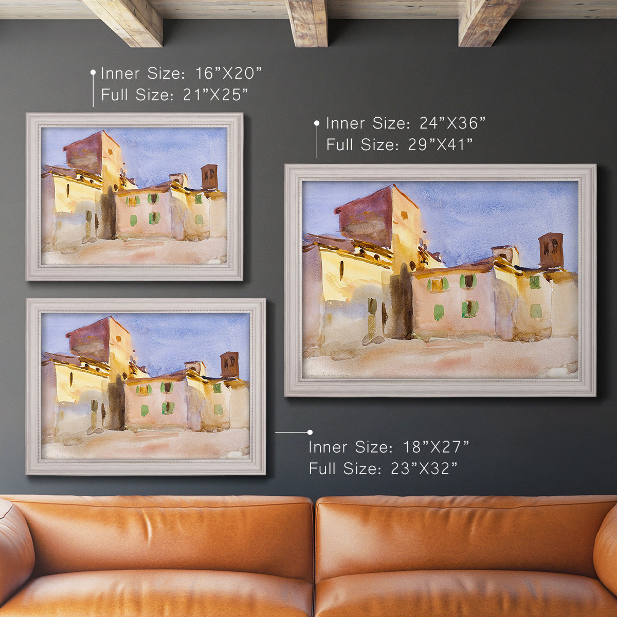 Impressionist Italian village scene by John Singer Sargent in an ornate weathered white frame shown in multiple size options.