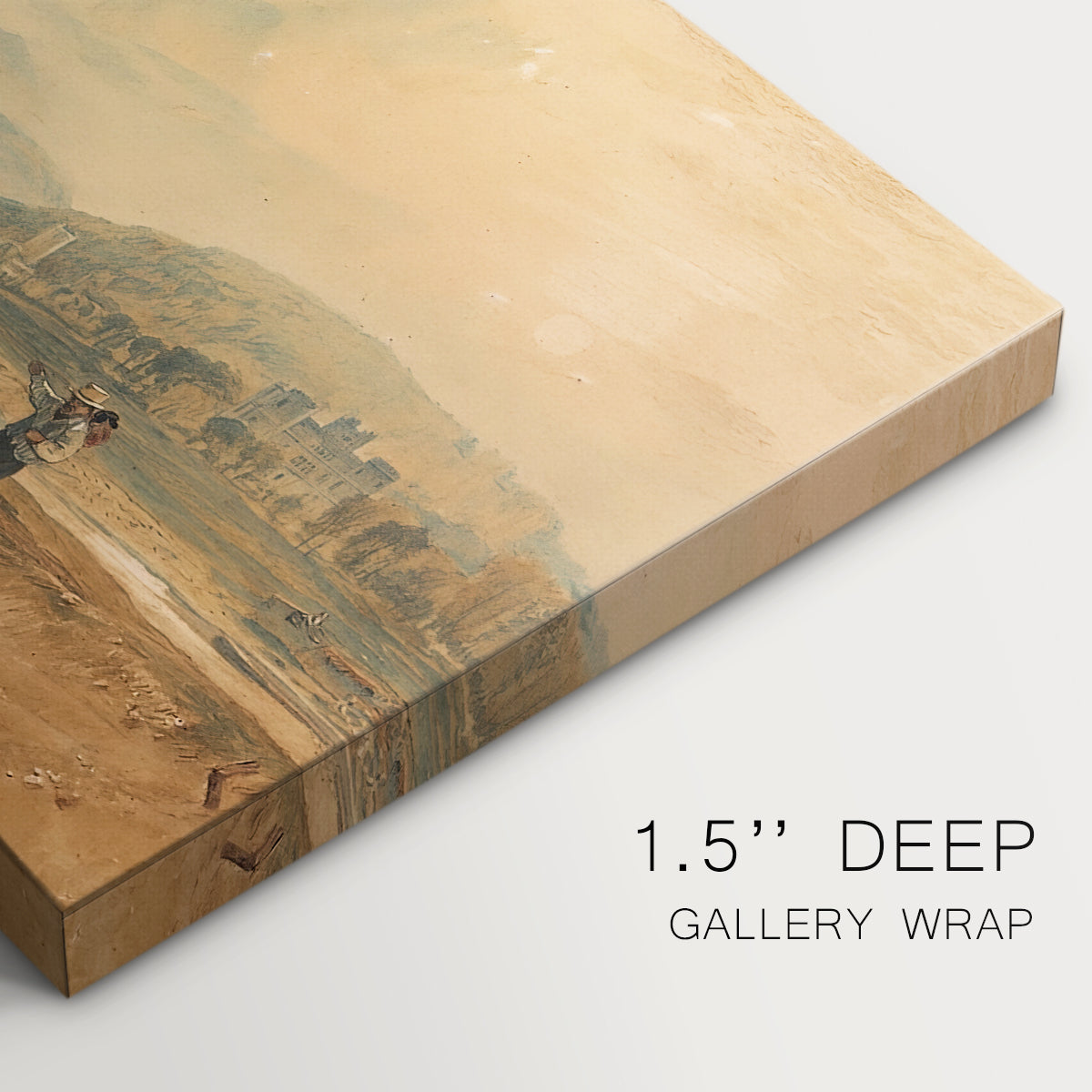 Canvas art print of a castle surrounded by open landscape under sky, highlighting texture and gallery-wrapped edges