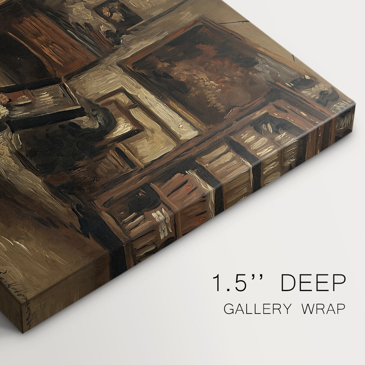Canvas art print of an artist’s studio interior filled with furniture, tools, and paintings under soft light, highlighting texture and gallery-wrapped edges