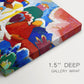 Canvas art print of a colorful abstract composition with clustered shapes suggesting figures and decorative elements, highlighting texture and gallery-wrapped edges