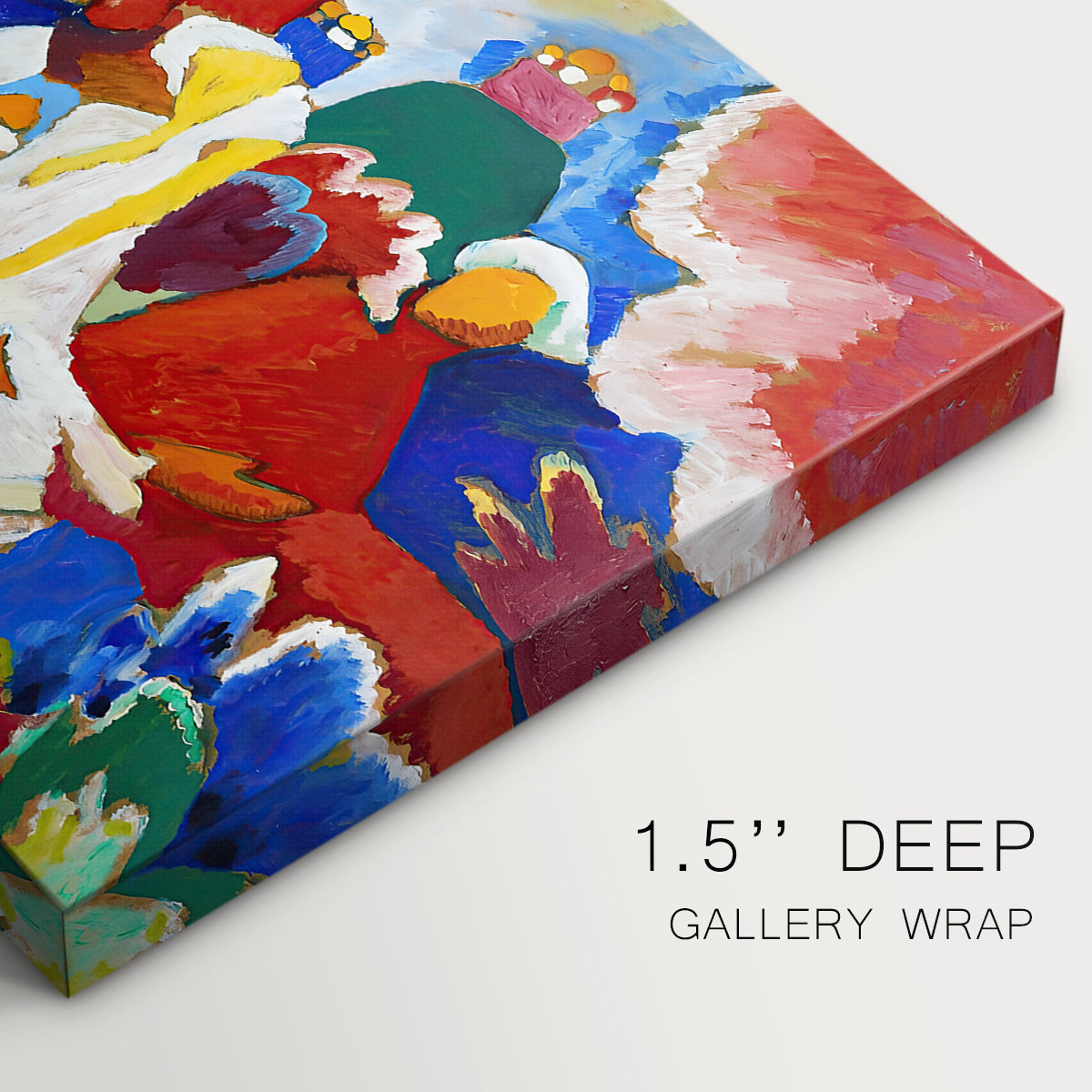 Canvas art print of a colorful abstract composition with clustered shapes suggesting figures and decorative elements, highlighting texture and gallery-wrapped edges