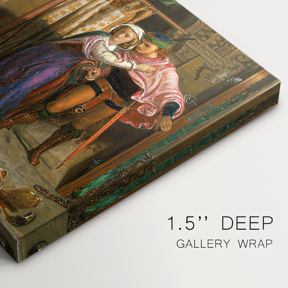 Canvas art print of a couple moving through dim interior space with draped fabrics and candlelight, highlighting texture and gallery-wrapped edges