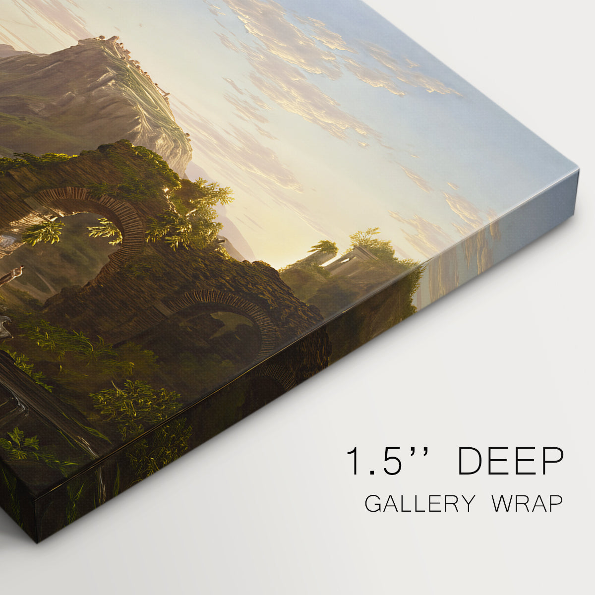 Canvas art print of a sunlit pastoral landscape with figures and classical architecture in open countryside, highlighting texture and gallery-wrapped edges