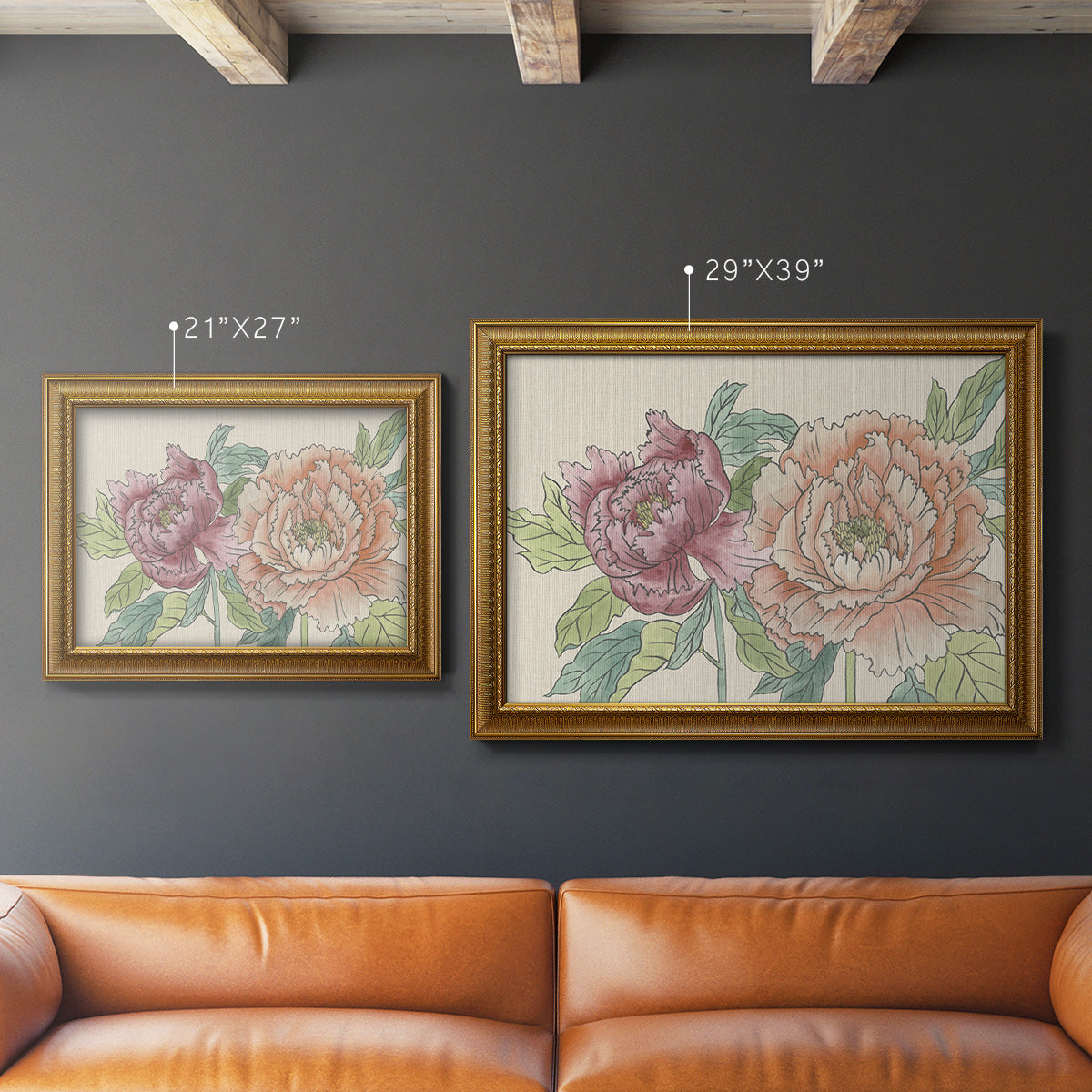 Modern peony floral drawing in an ornate traditional gold frame shown in multiple size options.